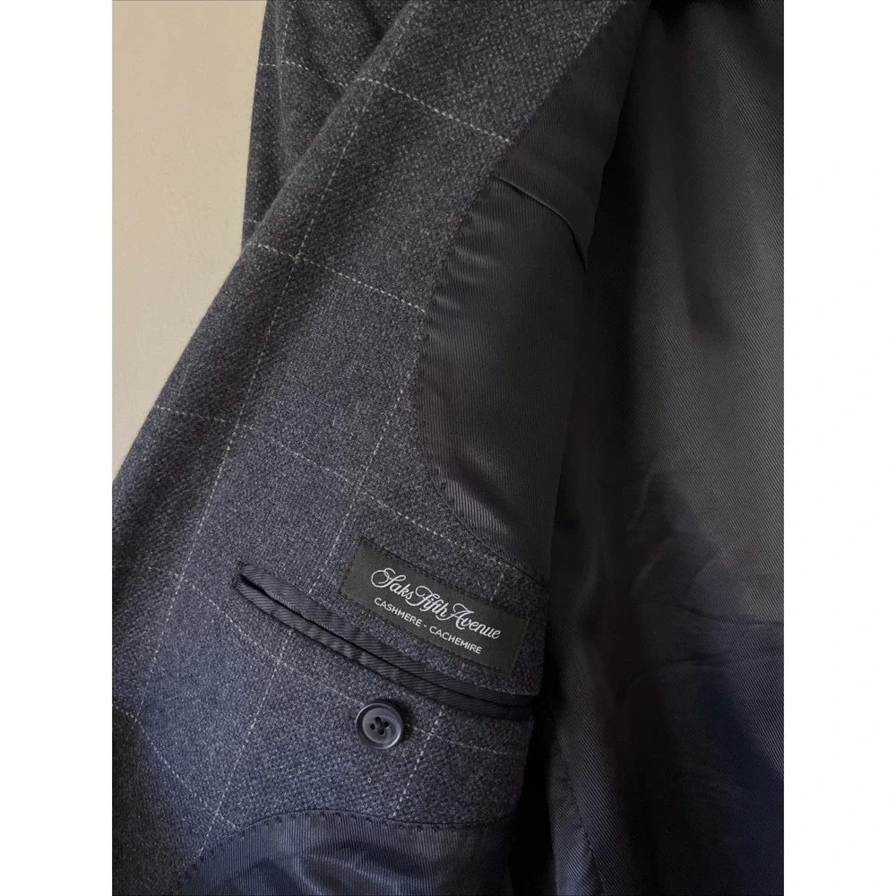 Saks Fifth Ave Men's Cashmere Windowpane Blazer 44R Slim Jacket Sport Coat